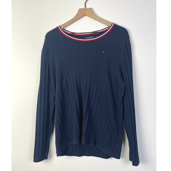 Tommy Hilfiger Sweaters - Tommy Hilfiger Preppy Navy Blue Cable Knit Sweater Striped Collar Pullover XXL